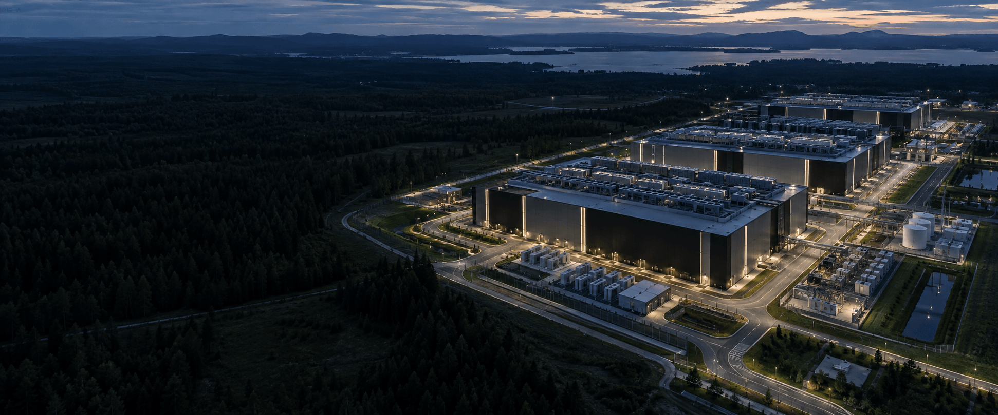 A modern AI compute campus at dusk